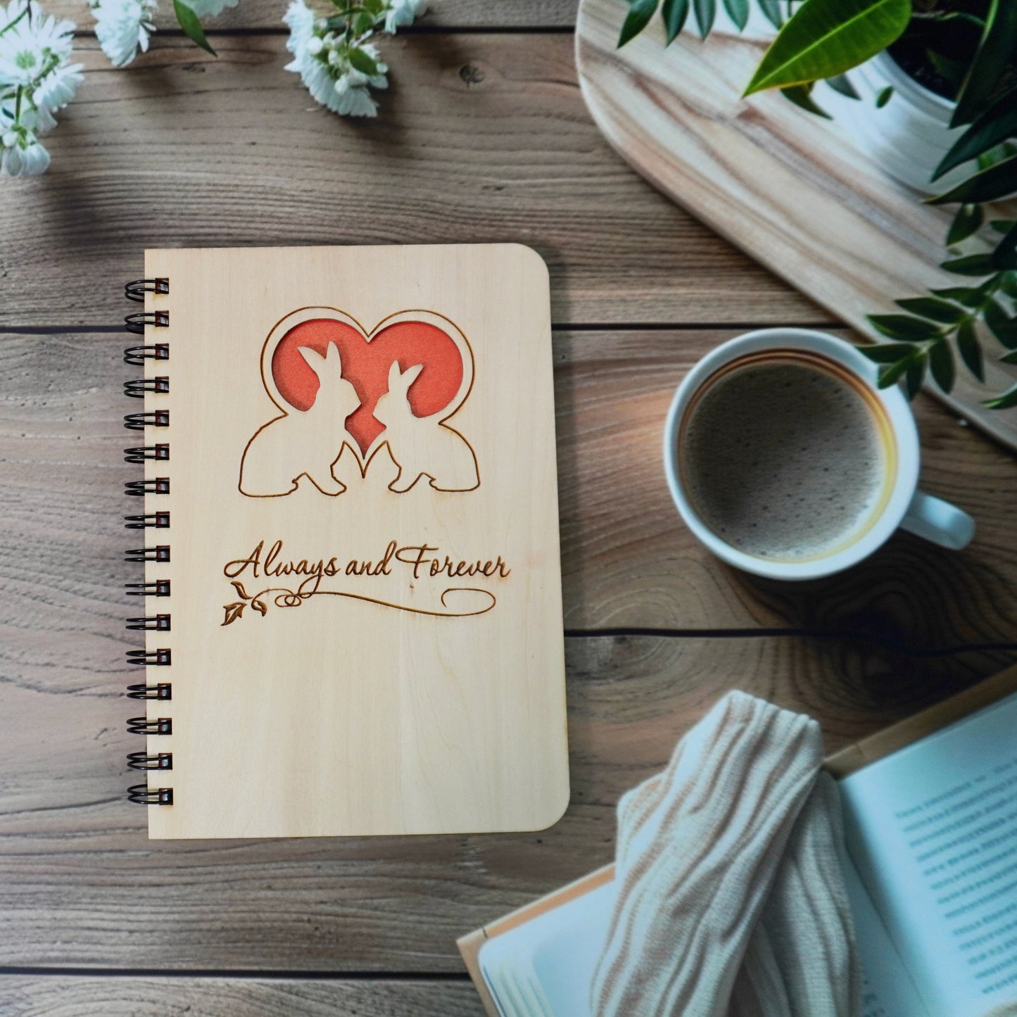 Twin Rabbits Wooden Cover Notebook | Personalized