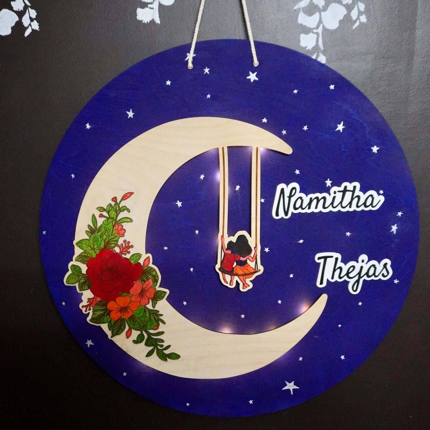 Floral Crescent Moon wall hanging with lighting