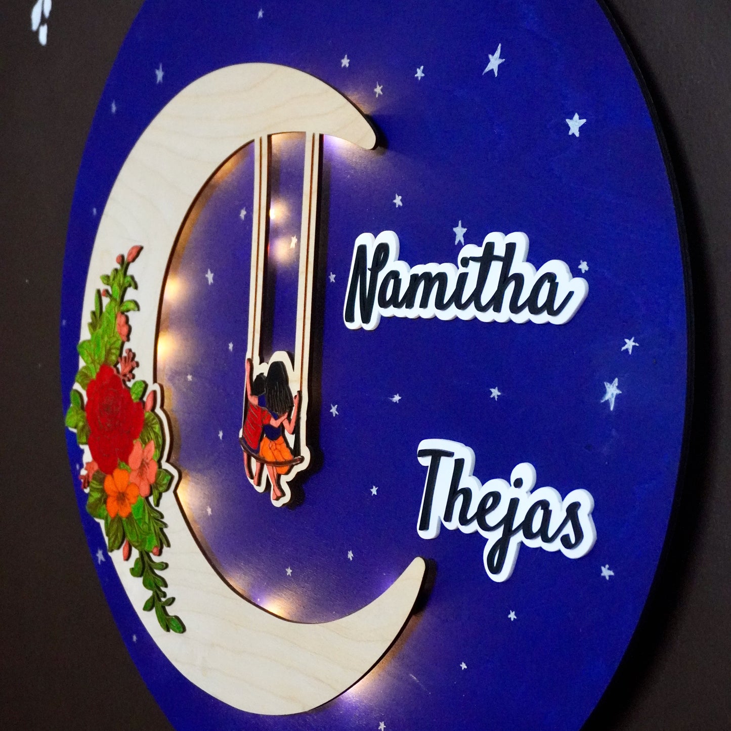 Floral Crescent Moon wall hanging with lighting