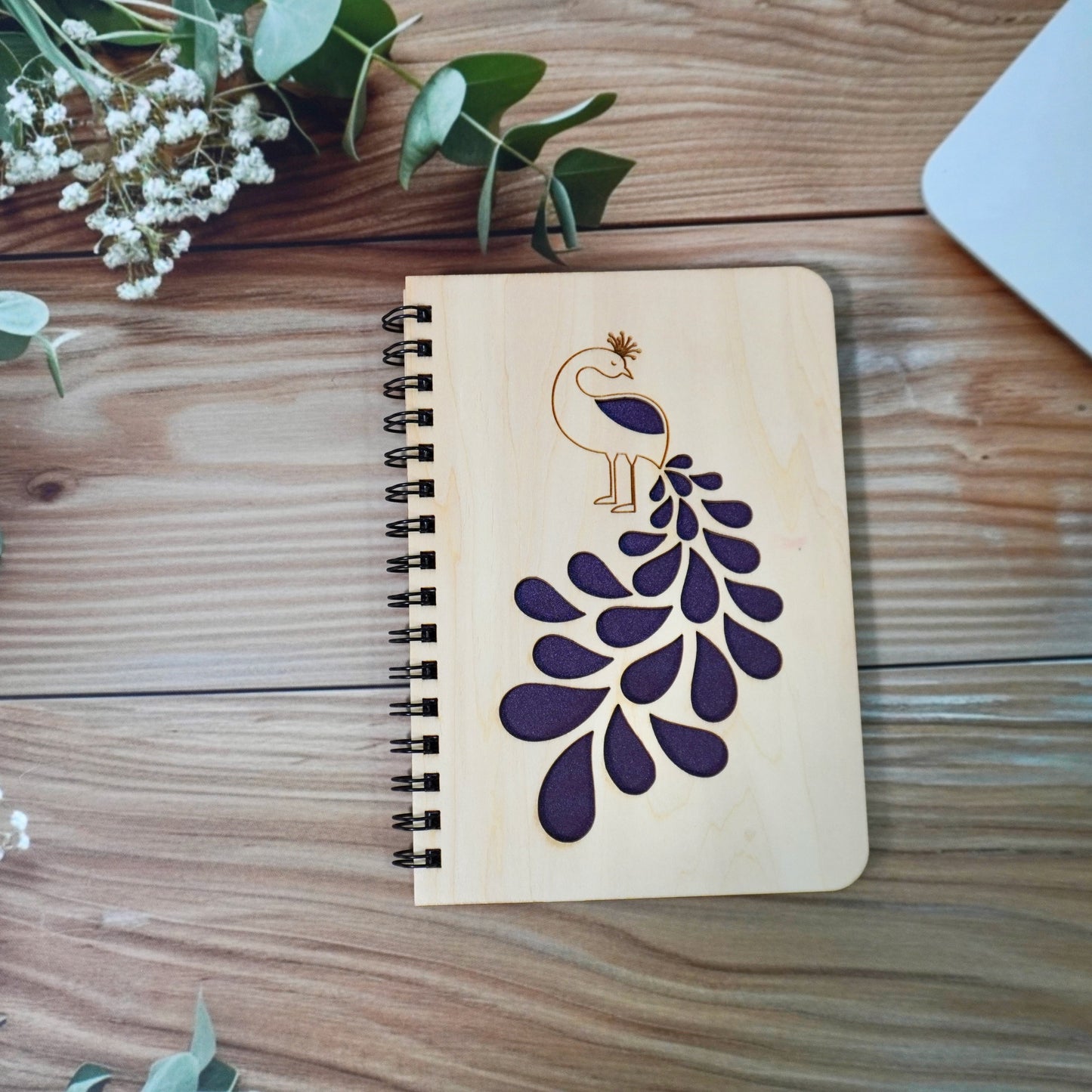 Peacock Wooden Cover Notebook | Personalized
