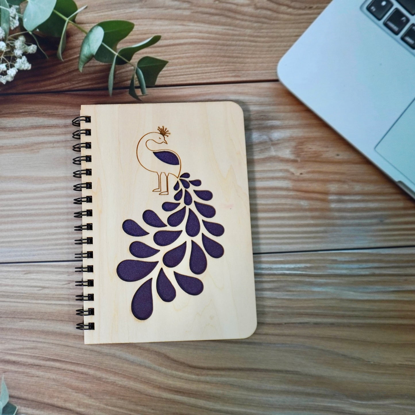 Peacock Wooden Cover Notebook | Personalized