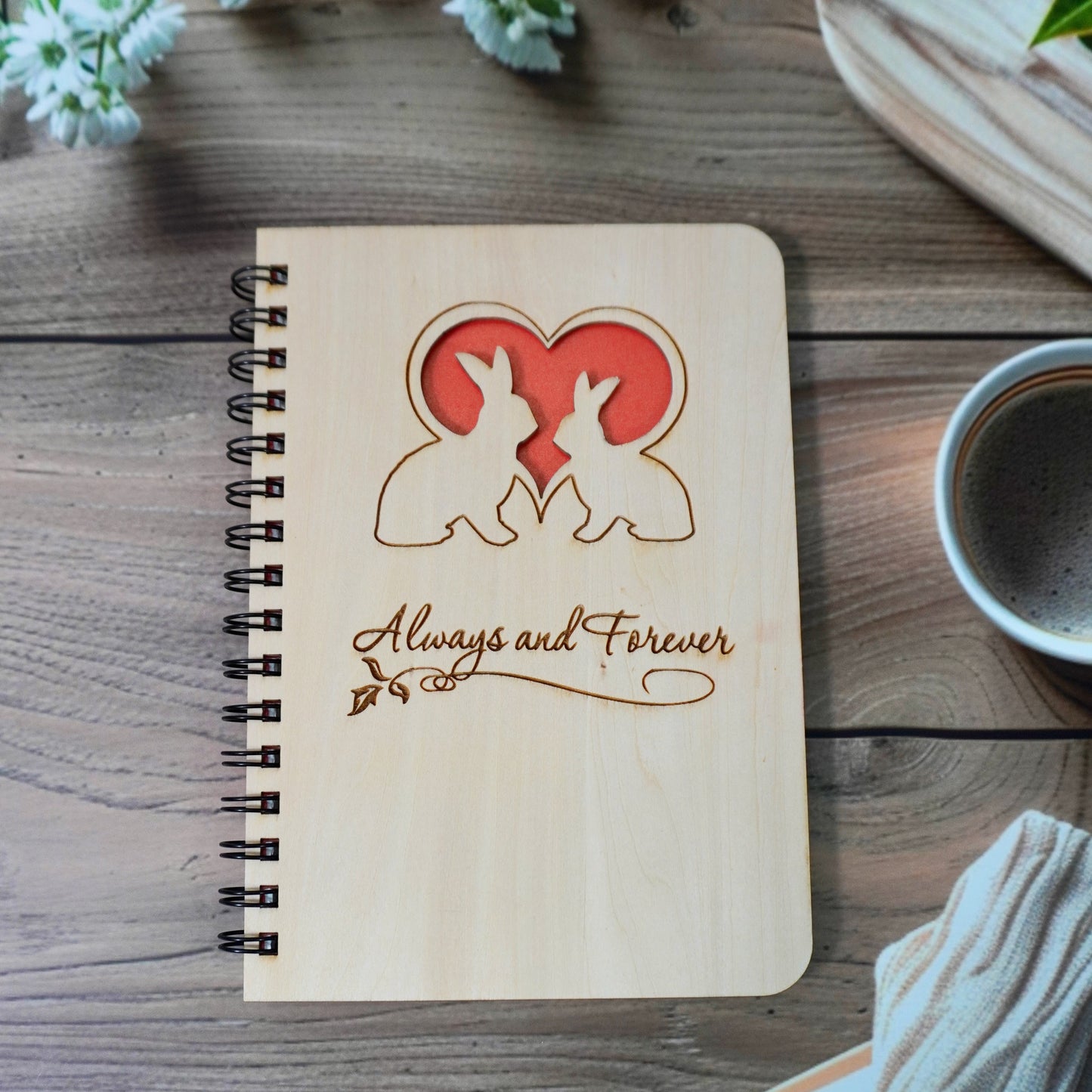Twin Rabbits Wooden Cover Notebook | Personalized