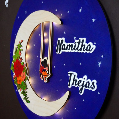 Floral Crescent Moon wall hanging with lighting